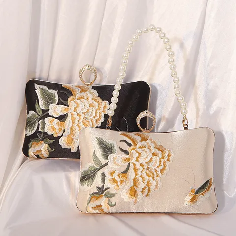 Vintage Silk Embroidered Evening Bag Women Luxury Floral Handbag Pearl Chain Rhinestone Clasp Banquet Clutch Purse