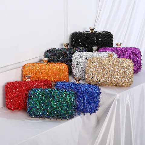 Bolso de Noche Bordado de Cuentas Hecho a Mano Lentejuelas Borlas Strass Cierre de Candado Mujeres Pequeño Bolso Cuadrado de Banquete
