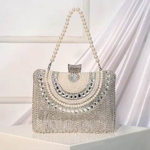 Luxury Rhinestone Tassel Evening Bag Women Metallic Chain Shoulder Clutch Purse Artificial Pearl Party Handbag