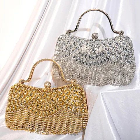 Women Rhinestone Evening Bag Luxury Crystal Clutch Purse Metallic Ring Handle Tassel Handbag For Wedding Party Banquet