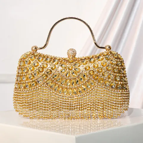 Women Rhinestone Evening Bag Luxury Crystal Clutch Purse Metallic Ring Handle Tassel Handbag For Wedding Party Banquet