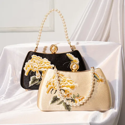 New Chinese Style Embroidered Flower Satin Evening Bag Vintage Pearl Handle Clutch Women Wedding Qipao Handbag
