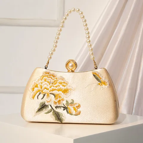 New Chinese Style Embroidered Flower Satin Evening Bag Vintage Pearl Handle Clutch Women Wedding Qipao Handbag