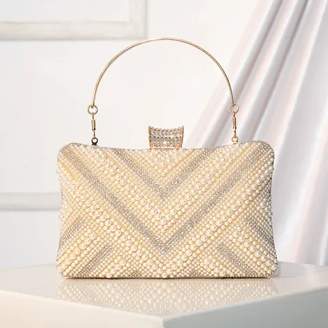 Handmade Beaded Artificial Pearl Rhinestone Evening Bag Elegant Metallic Ring Handle Clutch Bag For Women Banquet Party Purse