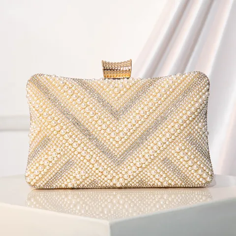 Handmade Beaded Artificial Pearl Rhinestone Evening Bag Elegant Metallic Ring Handle Clutch Bag For Women Banquet Party Purse