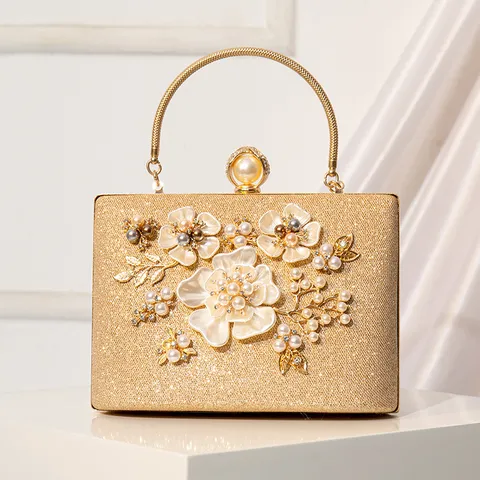 Luxury PU Leather Evening Bag With Pearls And Floral Rhinestone Design Elegant Clutch Handbag For Women Banquet Party