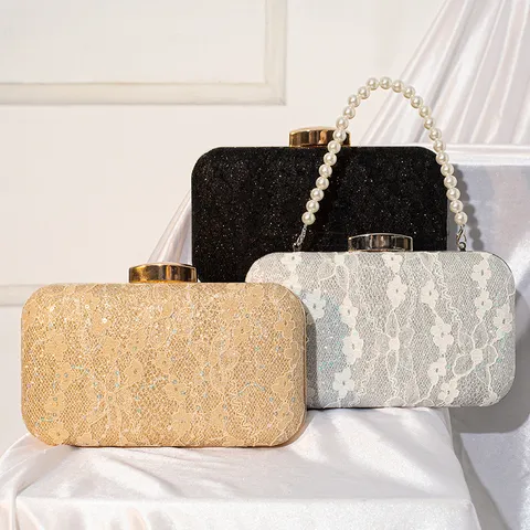 Women Fashion Evening Bag Luxury Lace Sequins Clutch Purse Elegant Pearl Handle Wedding Party Handbag