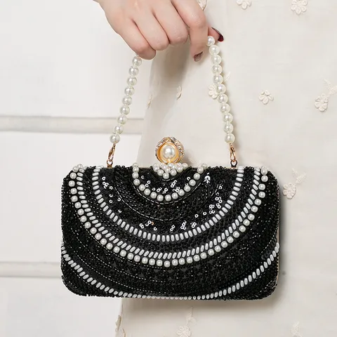 Women Luxury Evening Bag Pearl Beaded Sequin Clutch Purse Wedding Party Handbag Rhinestone Chain Shoulder Bag
