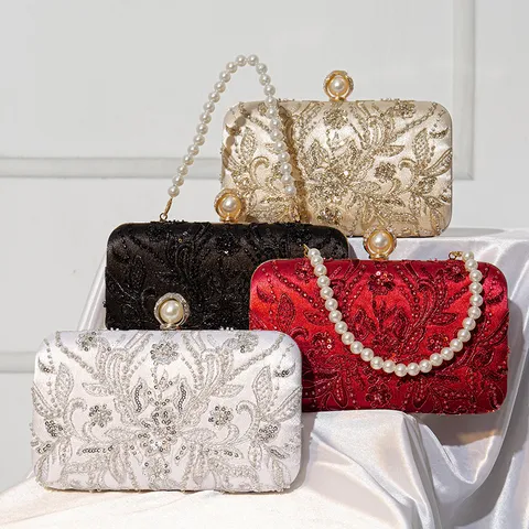 Women's Beaded Evening Bag Vintage Style Wedding Bridal Clutch Purse Pearl Handle Elegant Party Handbag