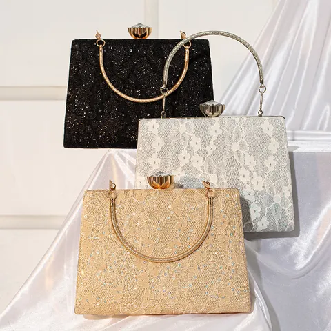 Women Fashion Sequin Lace Evening Bag Elegant Metallic Handle Crystal Lock Clutch Bag Luxury Party Banquet Handbag