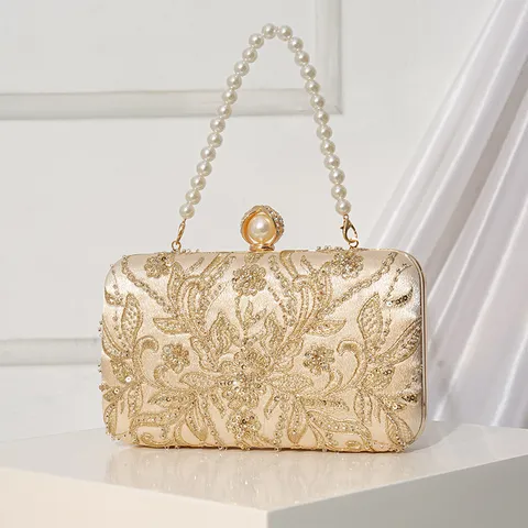 Women's Beaded Evening Bag Vintage Style Wedding Bridal Clutch Purse Pearl Handle Elegant Party Handbag