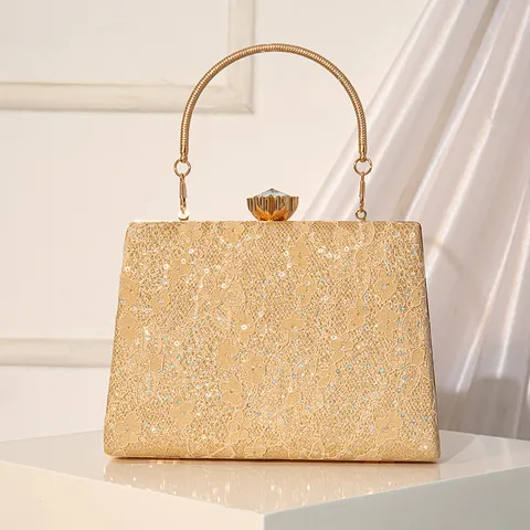 Women Fashion Sequin Lace Evening Bag Elegant Metallic Handle Crystal Lock Clutch Bag Luxury Party Banquet Handbag