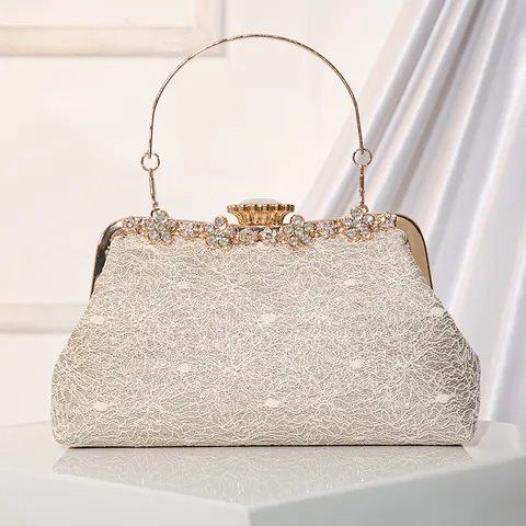 Elegant PU Leather Lace Evening Bag With Rhinestone Clasp Metal Ring Handle Women Wedding Party Clutch Purse Handbag