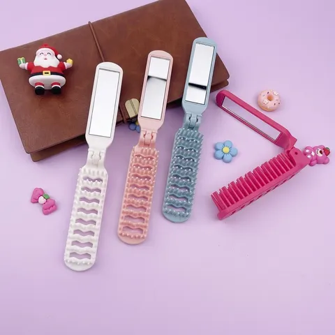 Portable Foldable Hair Comb With Mirror Small Travel Massage Hairbrush ABS Hollow Comb For Women Compact Pocket Makeup Comb Daily