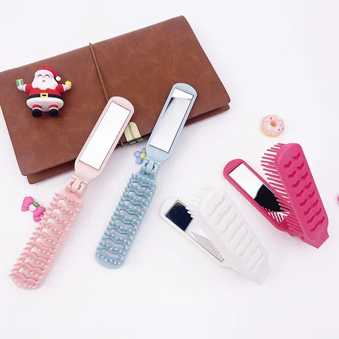 Portable Foldable Hair Comb With Mirror Small Travel Massage Hairbrush ABS Hollow Comb For Women Compact Pocket Makeup Comb Daily
