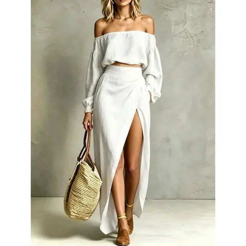 Dames Elegante Twee-Delige Set met Schouderloze Langem Mouw Top en Hoge Spleet Maxi Rok