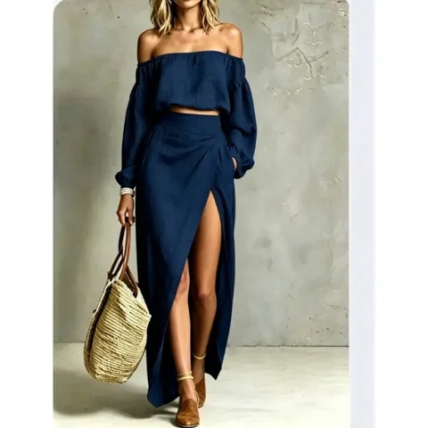 Dames Elegante Twee-Delige Set met Schouderloze Langem Mouw Top en Hoge Spleet Maxi Rok