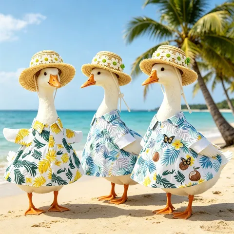 Vêtements d'Oie de Porche Hawaïenne Pelouse Cour Jardin Décor Tenue Chemise Imprimé Feuille Tropicale et Chapeau de Paille