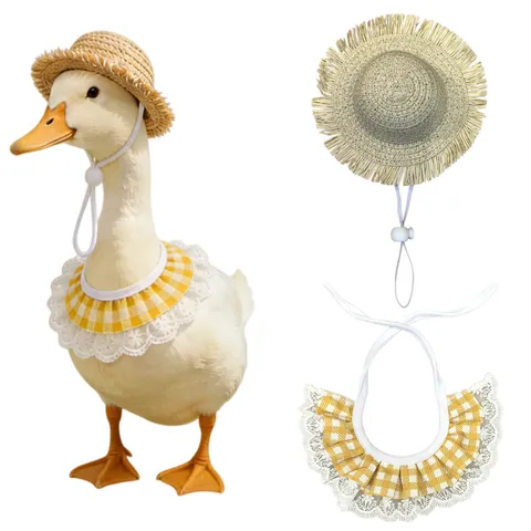 Mini Straw Hat And Bib Set For Pet Porch Goose Costume Cute Woven Sun Hat With Lace Kerchief Pet Apparel Accessories