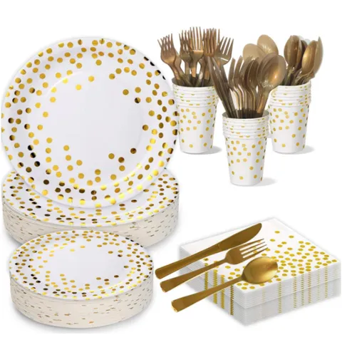 Disposable Paper Plate And Cup Party Tableware Set Gold Polka Dot Design For Birthday And Wedding Banquet