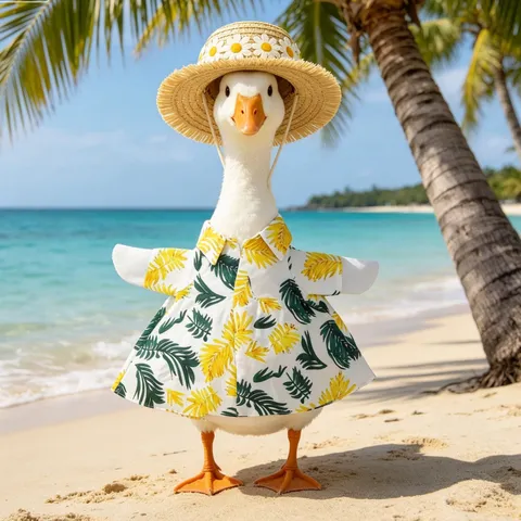 Vêtements d'Oie de Porche Hawaïenne Pelouse Cour Jardin Décor Tenue Chemise Imprimé Feuille Tropicale et Chapeau de Paille