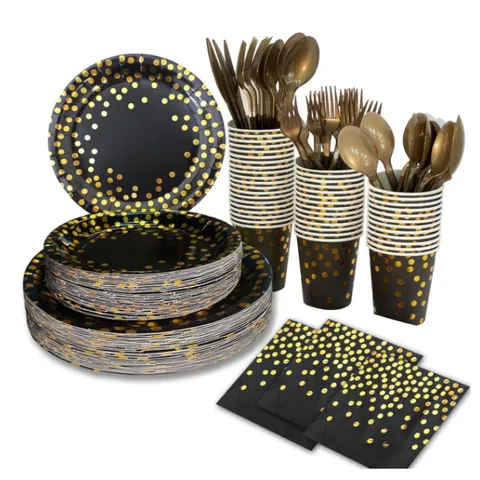 Disposable Paper Plate And Cup Party Tableware Set Gold Polka Dot Design For Birthday And Wedding Banquet