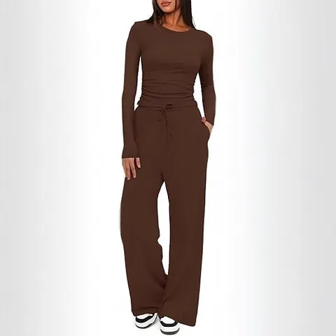 Dames Casual Effen Kleur Lange Mouw T-Shirt En Wide Leg Broek Tweedeilig Set Losse Gebreide Loungewear Outfit