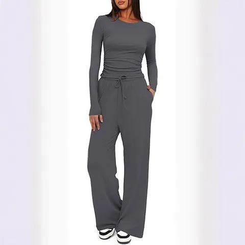Dames Casual Effen Kleur Lange Mouw T-Shirt En Wide Leg Broek Tweedeilig Set Losse Gebreide Loungewear Outfit
