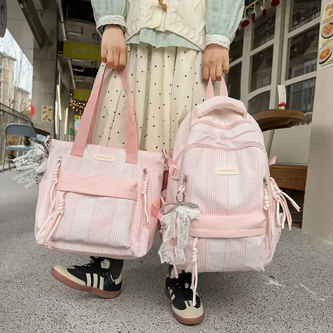 Women Nylon School Backpack Large Capacity Casual Striped Bookbag Stylish Student Daypack