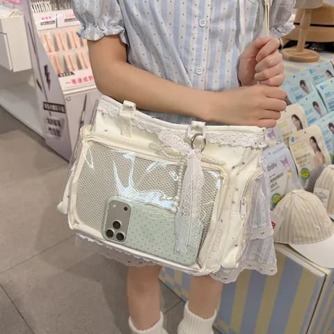 Japanese Transparent Ita Bag Women Tote Crossbody Bag Cute Star Print Waterproof Nylon Shoulder Bag Commuting Bag