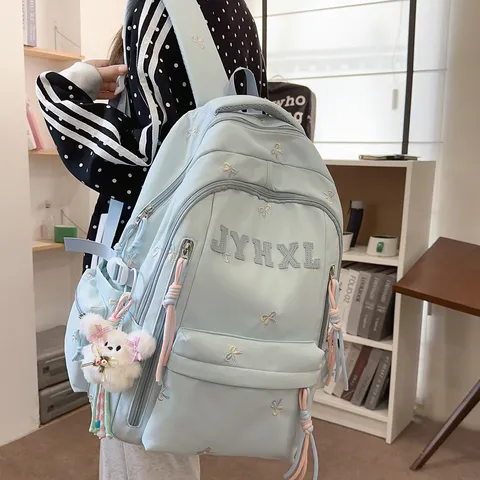 Casual Large Capacity Nylon School Backpack For Women Korean Style Simple Travel Bookbag With Ribbon And Cute Pendant