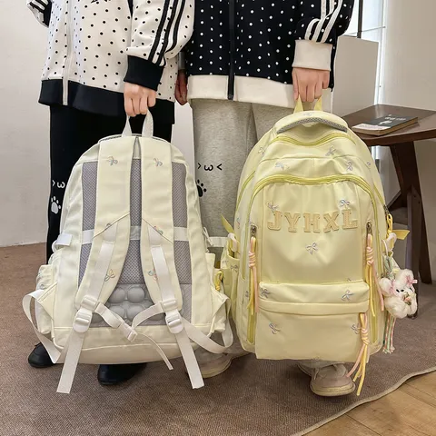 Casual Large Capacity Nylon School Backpack For Women Korean Style Simple Travel Bookbag With Ribbon And Cute Pendant