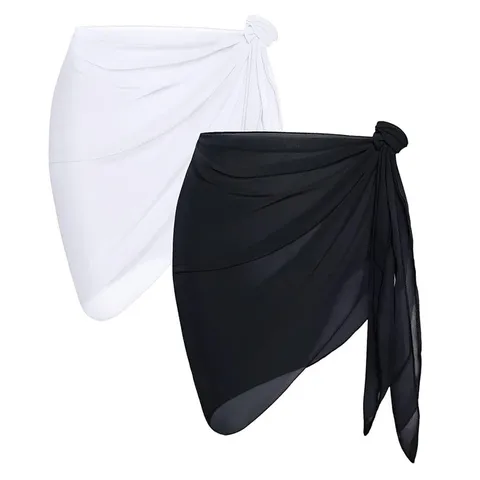 Damen Sommer Einflarbig Chiffon Strandrock Wickel Cover Up Lässig Sexy Seitenbindung Sarong Maxi Rock Urlaubsbekleidung