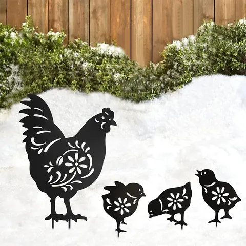Outdoor Garden Acrylic Rooster And Chick Yard Art Hollow-Out Floral Decorative Lawn Stake Ornament Patio Backyard Decor