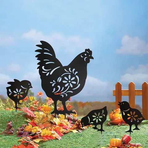 Outdoor Garden Acrylic Rooster And Chick Yard Art Hollow-Out Floral Decorative Lawn Stake Ornament Patio Backyard Decor