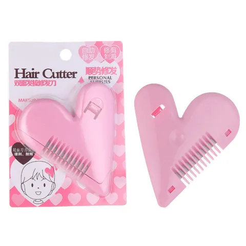 Heart Shaped Double Sided Hair Cutting Comb Bangs Thinning Tool Plastic Metal Pink