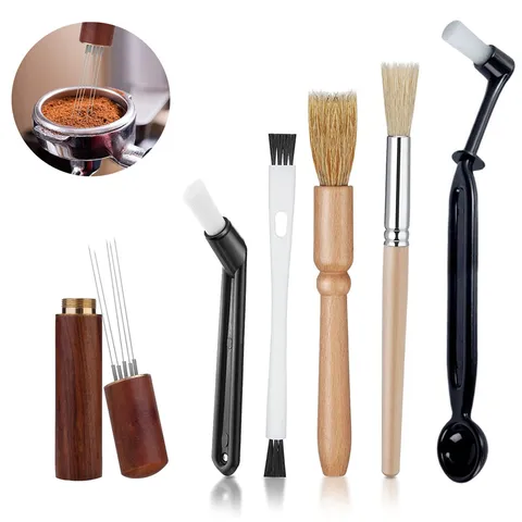 Coffee Machine Cleaning Brush Set Wooden Handle Nylon Bristles Espresso Grinder Powder Needle Cleaning Tools