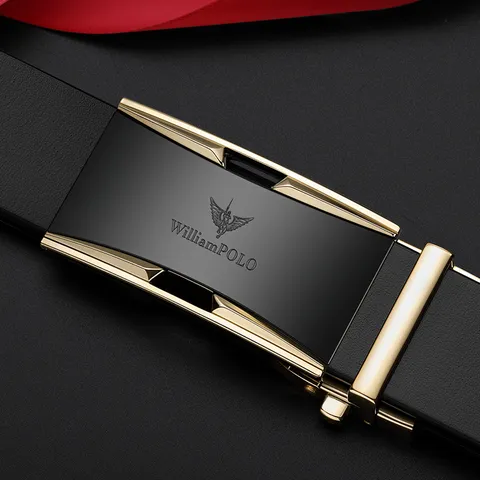 Men's Genuine Leather Automatic Buckle Business Belt Smooth Surface Alloy Metal Fastener Casual Formal Waist Strap