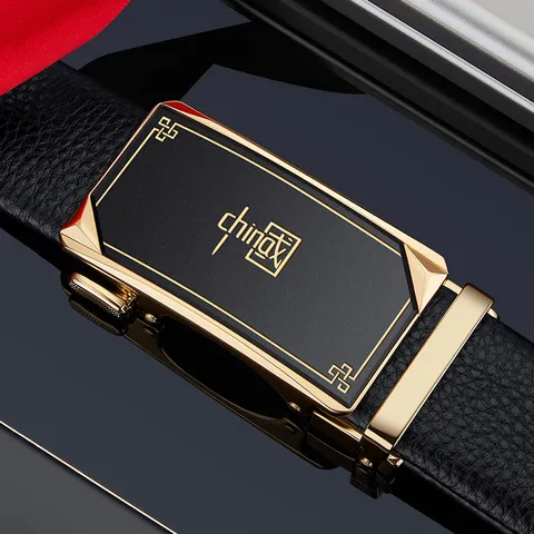 Men's Genuine Leather Automatic Buckle Belt Business Casual Top Layer Cowhide Waist Strap Metal Alloy Ratchet Belt