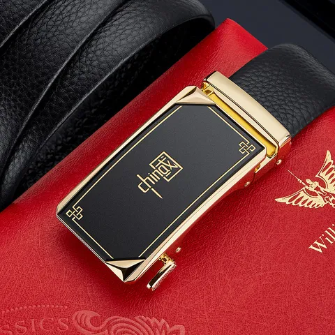 Men's Genuine Leather Automatic Buckle Belt Business Casual Top Layer Cowhide Waist Strap Metal Alloy Ratchet Belt