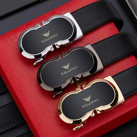 Cintura da Uomo in Vera Pelle con Fibbia Automatica in Pelle di Vacchetta Stile Casual d'Affari