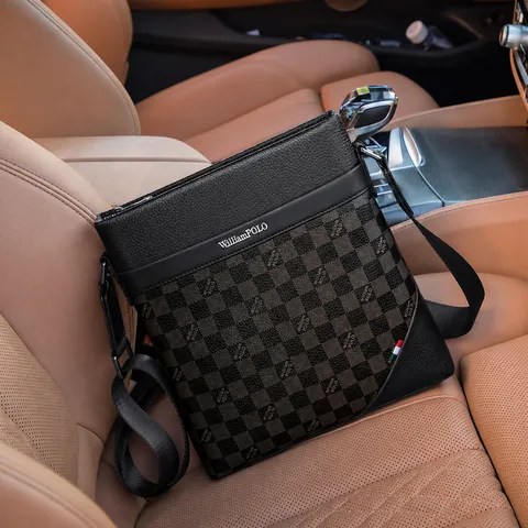 Mallette en Cuir Véritable pour Hommes Sac d'Ordinateur d'Affaires Motif Damier Vintage Sac Bandoulière Imperméable