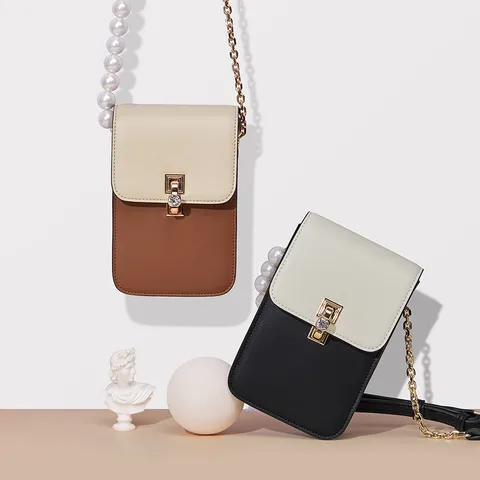 Borsa a Tracolla da Donna in Pelle PU per Telefono Cellulare Blocco di Colore Piccola Borsa Quadrata con Tracolla a Catena di Perle