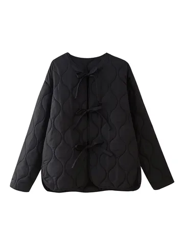 Damen Mode Casual Einfarbig Langarm Schleife Gesteppt Baumwolle Gepolsterte Jacke Locke Oberbekleidung