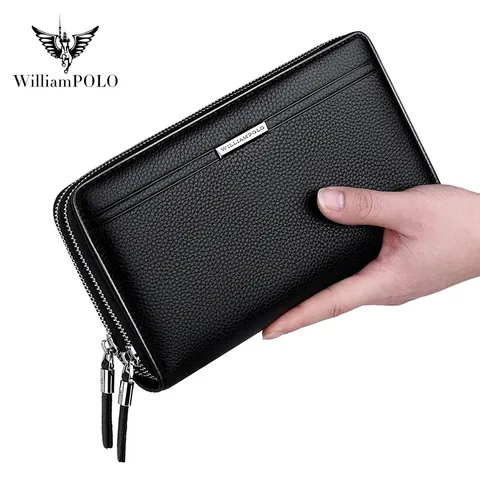 Portefeuille Long en Véritable Cuir pour Homme Affaires Grande Capacité Double Fermeture Éclair Pochette Cuir Vachette