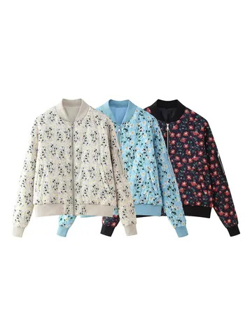 Women Casual Floral Print Padded Jacket Long Sleeve Zip Up Bomber Coat Winter Fashion Outerwear Polyester Warm Coat