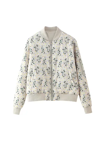 Women Casual Floral Print Padded Jacket Long Sleeve Zip Up Bomber Coat Winter Fashion Outerwear Polyester Warm Coat