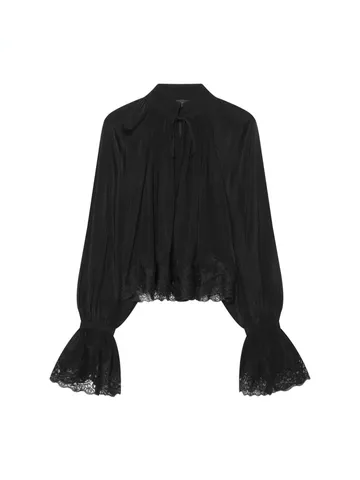 Dames Mode Lange Mouw Opstaande Kraag Blouse Elegante Effen Kleur Kant Patchwork Casual Overhemd