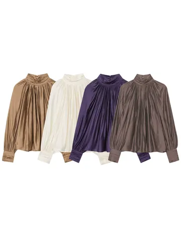 Women Elegant High Neck Pleated Satin Blouse Long Lantern Sleeve Glossy Shirt Solid Color Casual Vintage Office Wear Top