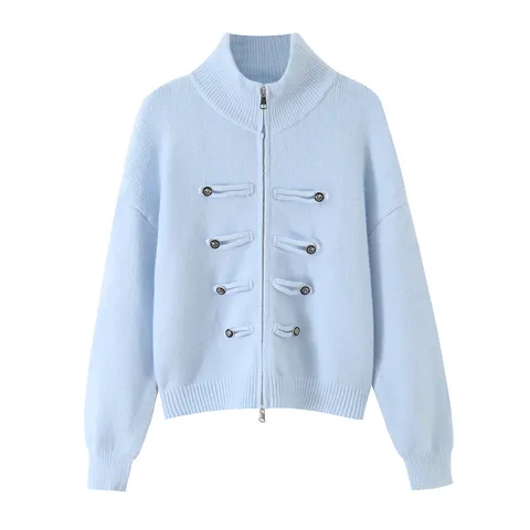 Damen Casual Langarm Stehkragen Cardigan Pullover Einfarbig Doppelreißverschluss Chinesischer Knoten Knopf Strickjacke